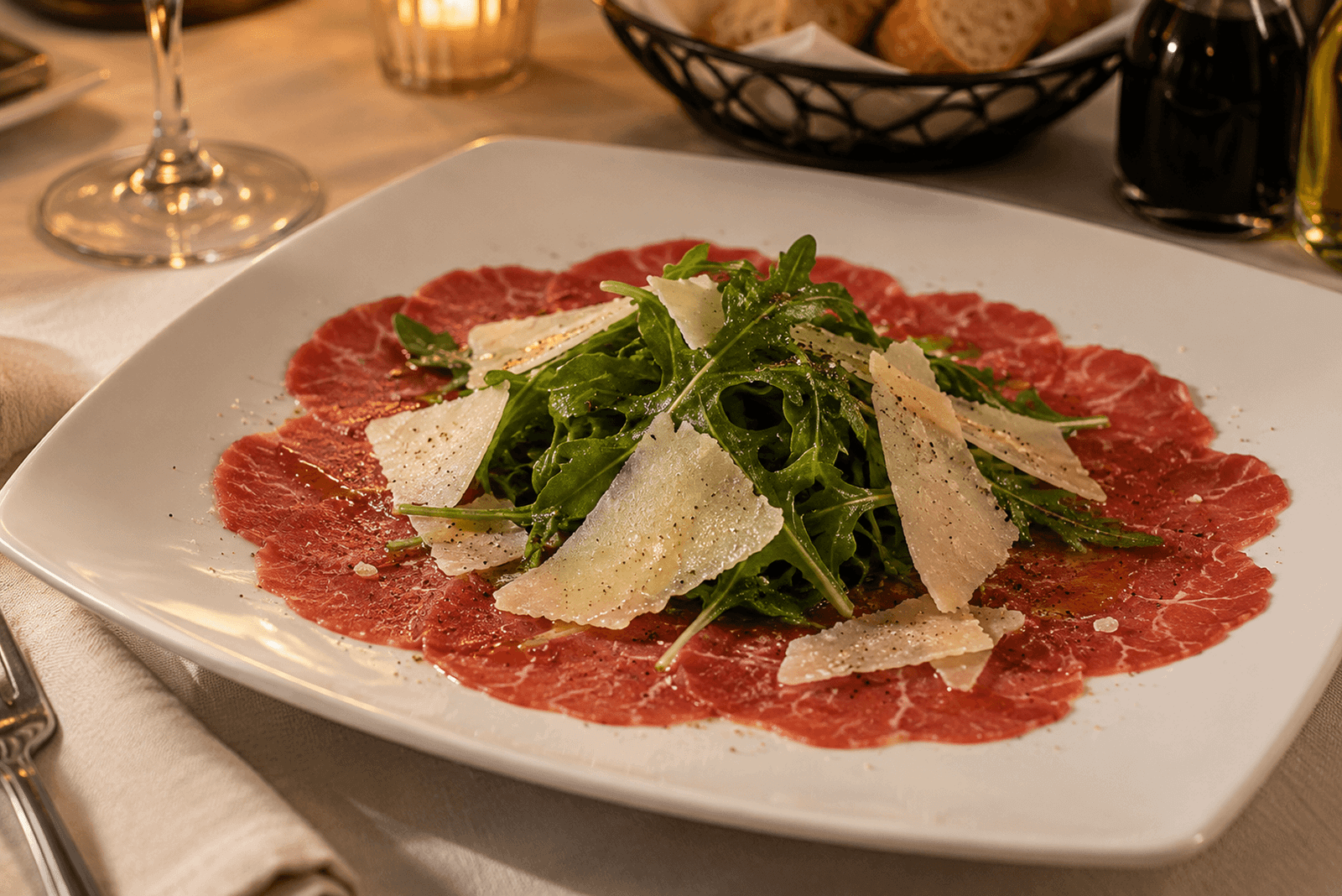 Carpaccio con rúcula y escamas de parmesano