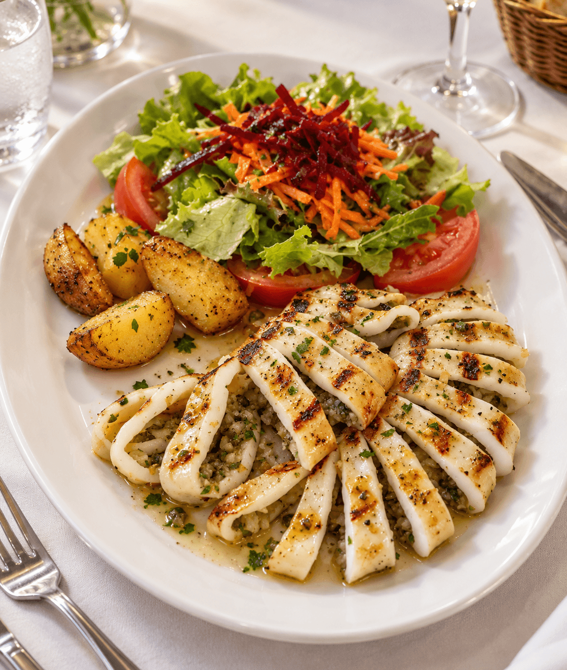Calamar a la plancha con papas y ensalada
