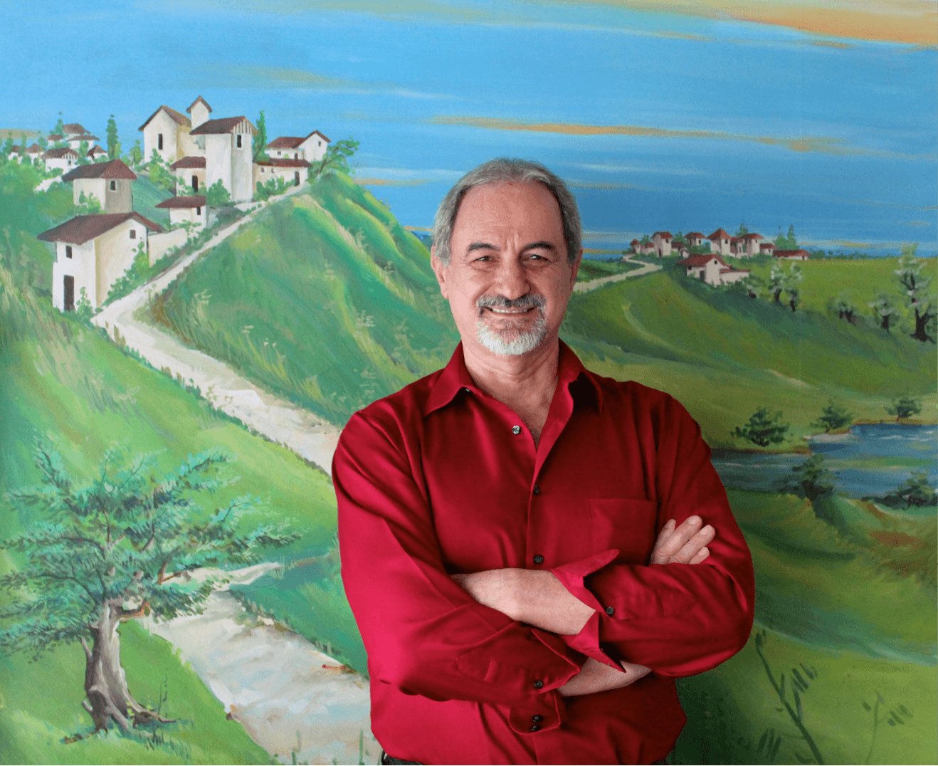 Retrato frente al mural del paisaje italiano